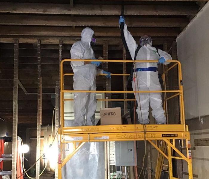 Yellow industrial ladder with 2 workers wearing protective suits cleaning the ceiling.
