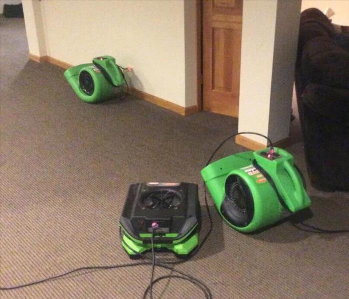 Three green air movers on wet grey carpet with white walls and a wood door.