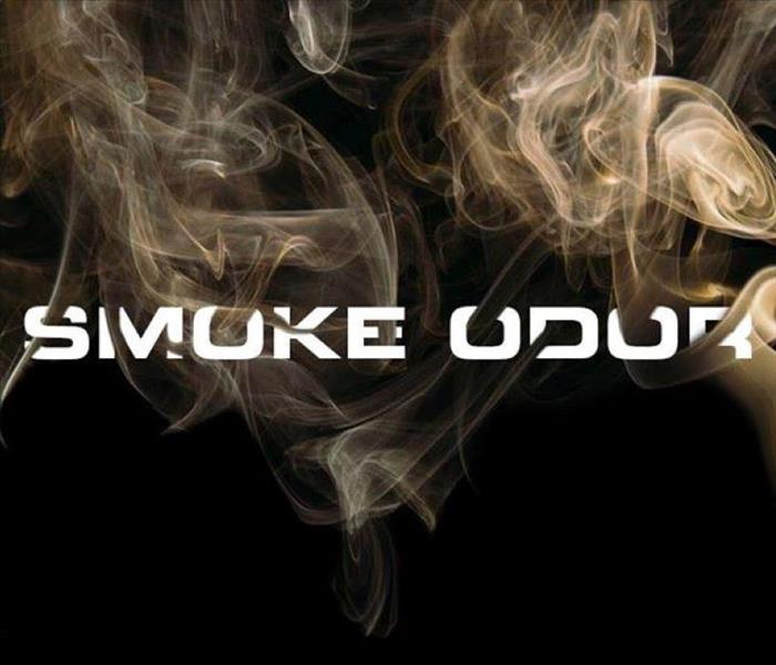 Smoke Odor in white letters with white smoke and a black background.