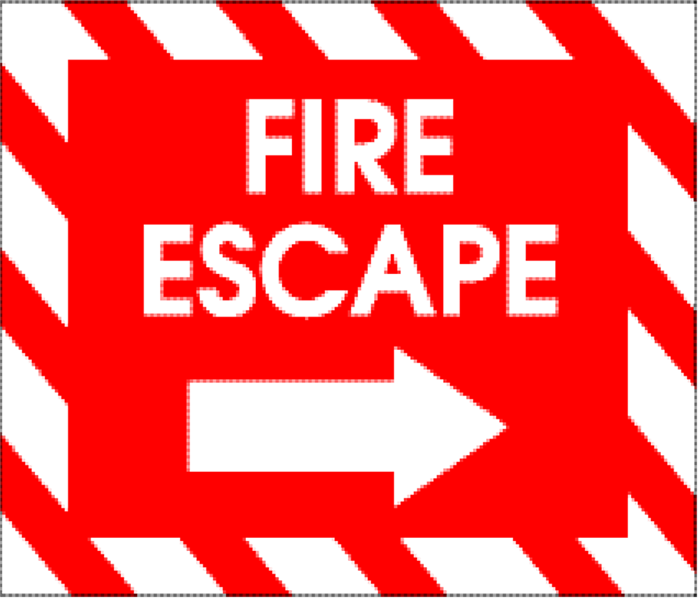 A red square with Fire Escape Plan and an arrow in white letters.