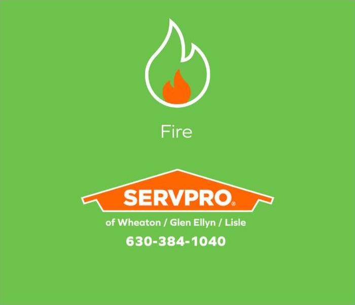 White fire icon with an orange SERVPRO house logo on a green background.