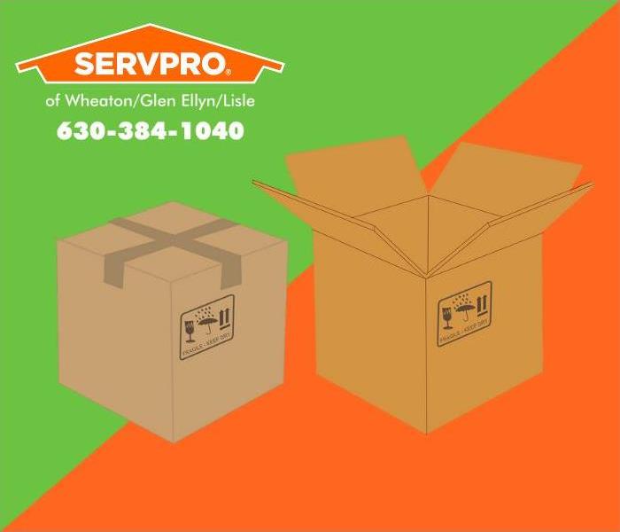 Two cardboard moving boxes with an orange and green background.