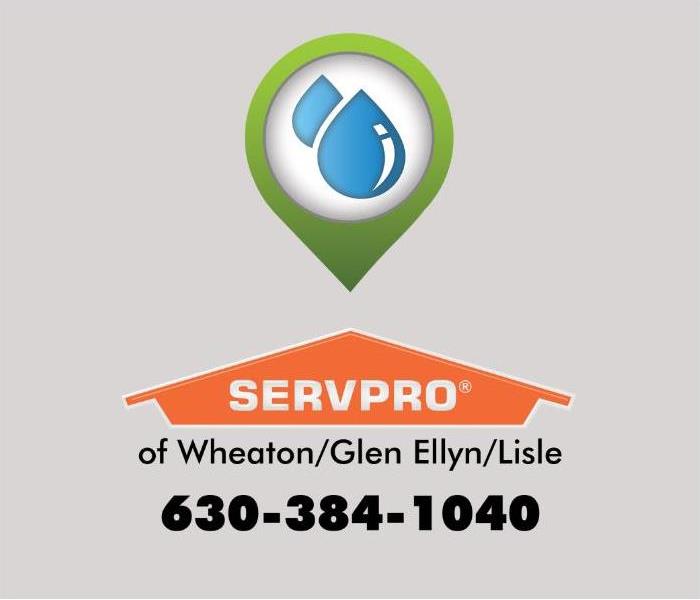 Green circle with blue water droplets above a orange SERVPRO house logo.